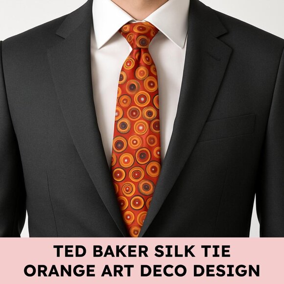 Ted Baker London 100% Silk Orange Geometric Circle Tie Hand Tailored USA - Picture 1 of 10